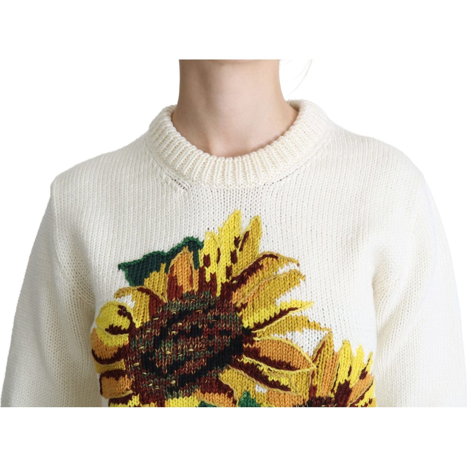Dolce & Gabbana White Floral Wool Pullover Sunflower Sweater