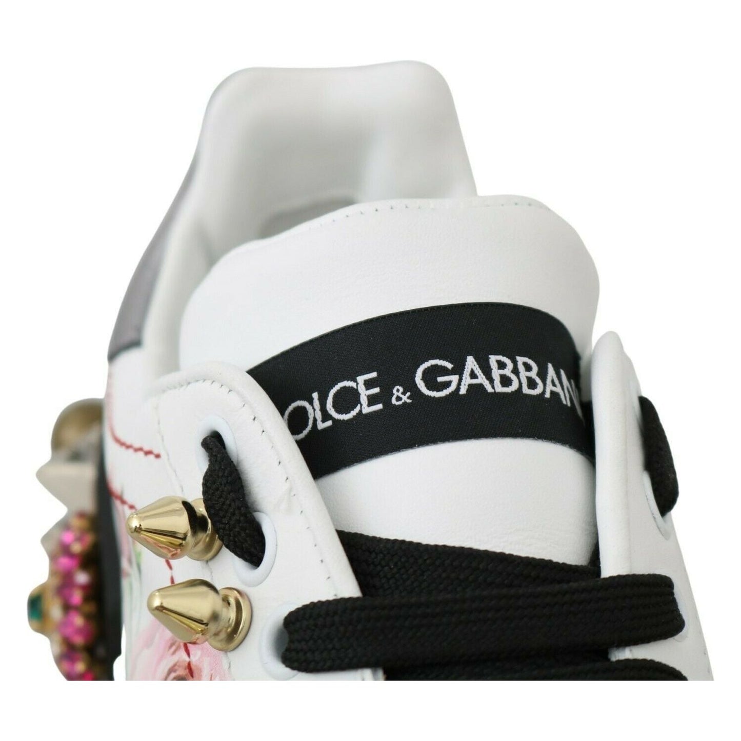 Dolce & Gabbana White Leather Crystal Roses Floral Sneakers Shoes LA6691-35
