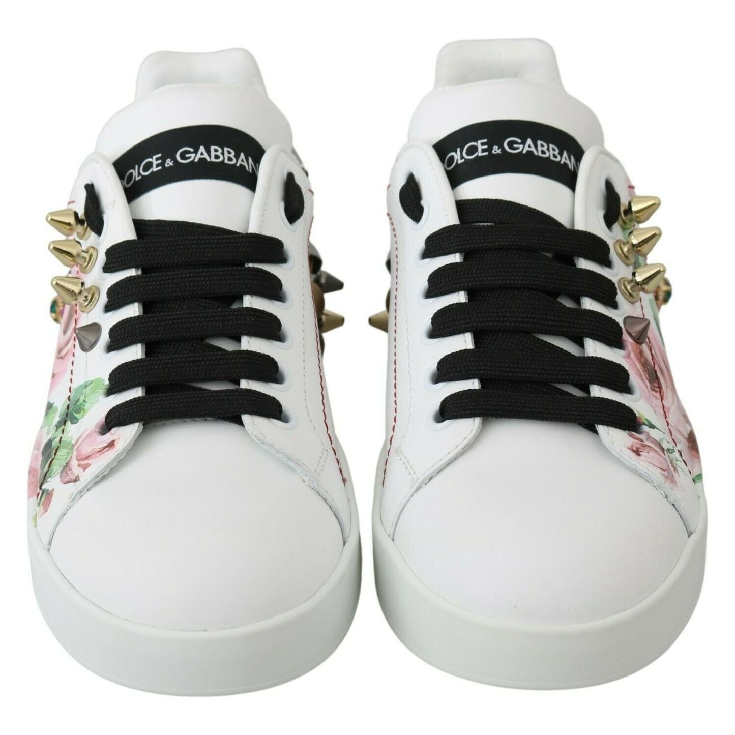 Dolce & Gabbana White Leather Crystal Roses Floral Sneakers Shoes LA6691-35