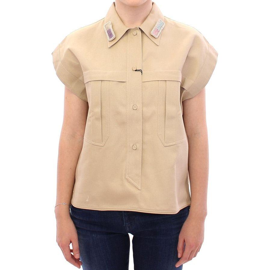 Andrea Incontri Sleeveless Beige Cotton Tank Top with Brooches Andrea Incontri Tan