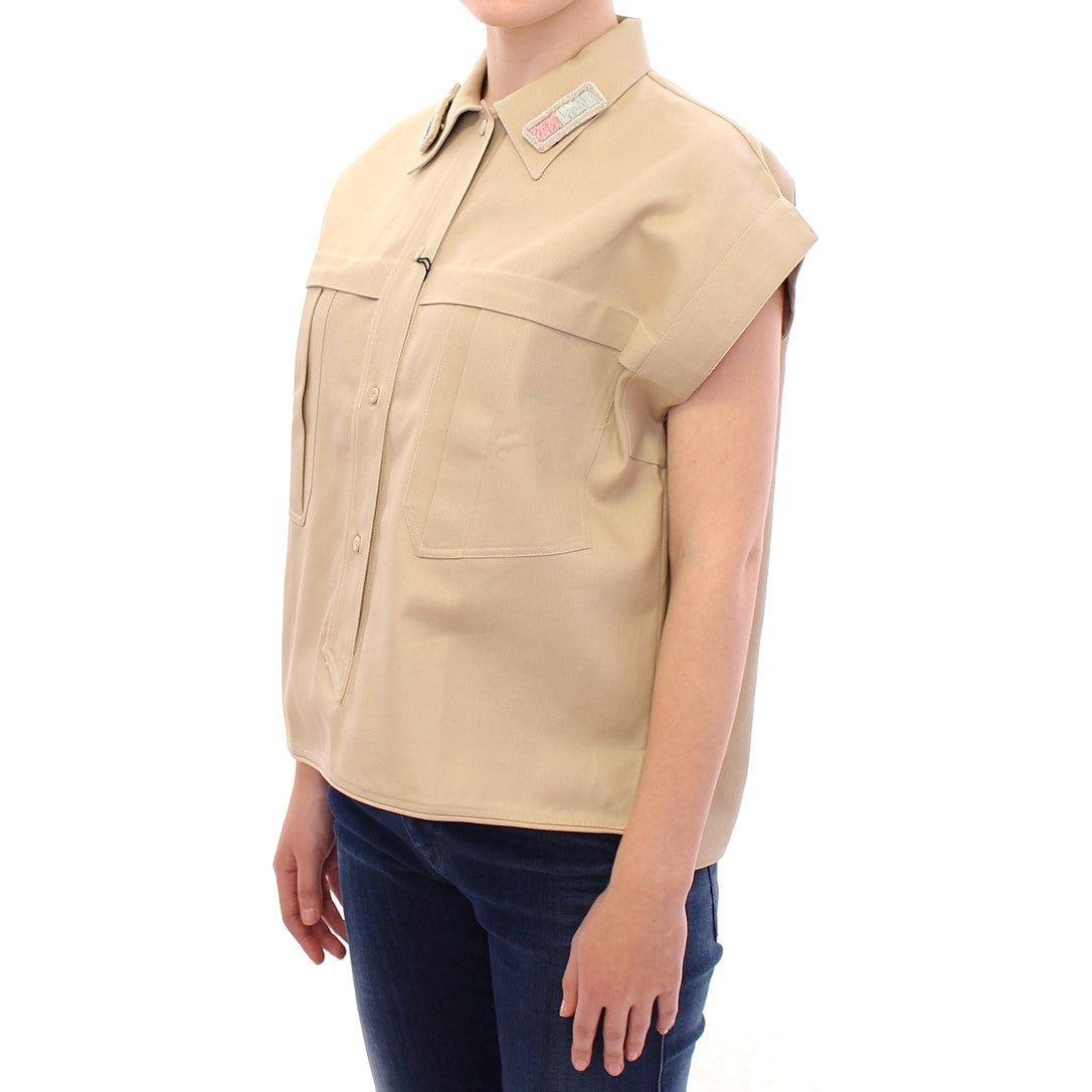 Andrea Incontri Sleeveless Beige Cotton Tank Top with Brooches Andrea Incontri Tan