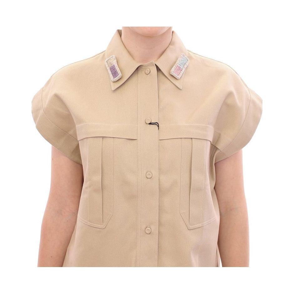 Andrea Incontri Sleeveless Beige Cotton Tank Top with Brooches Andrea Incontri Tan