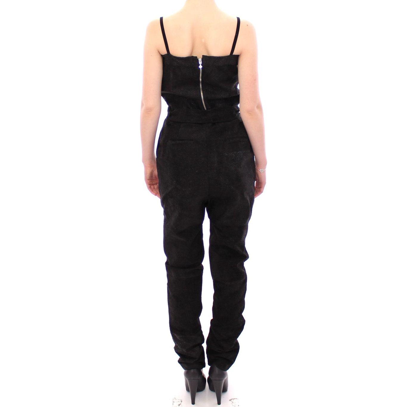 La Maison du Couturier Elegant Black Leather Jumpsuit with Waist Strap Coats & Jackets La Maison du Couturier Black
