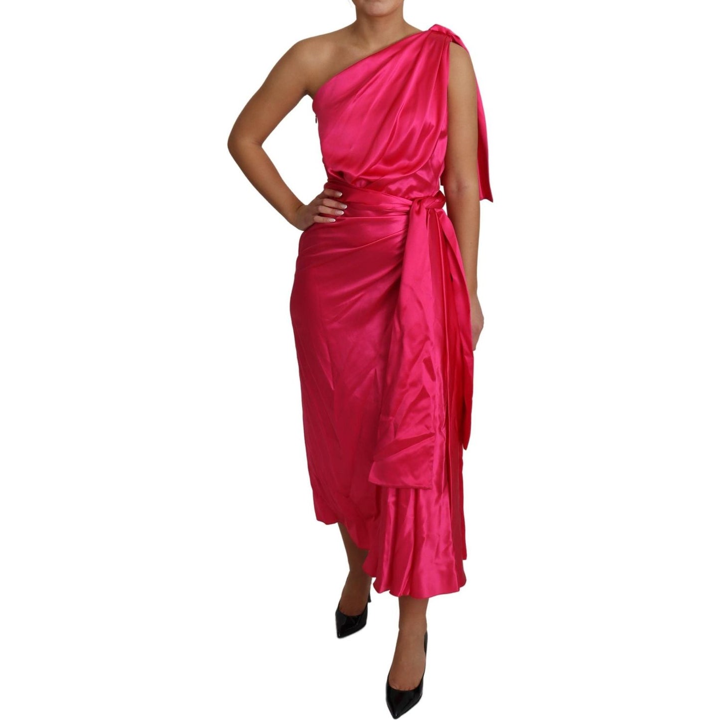 Dolce & Gabbana Elegant Fuchsia Silk One-Shoulder Wrap Dress Dolce & Gabbana Brown