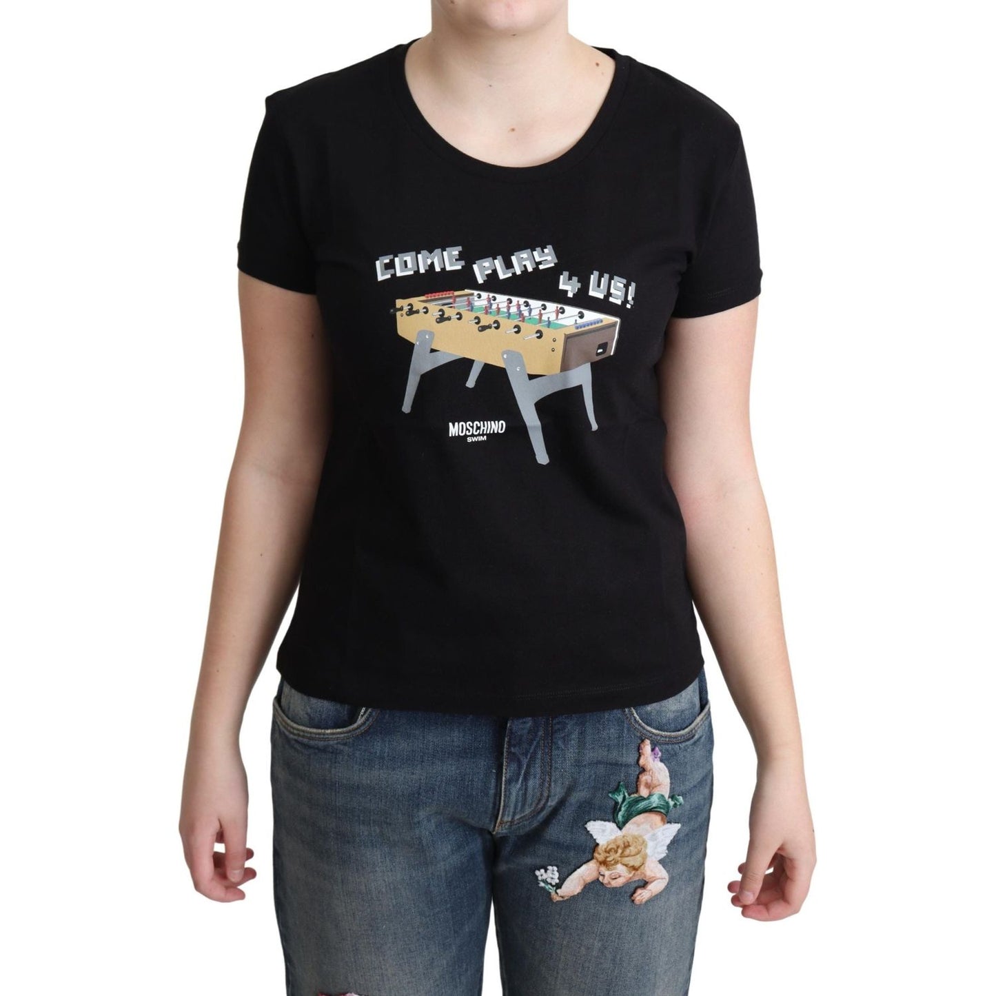 Moschino Chic Black Cotton Tee with Playful Print Moschino Tan
