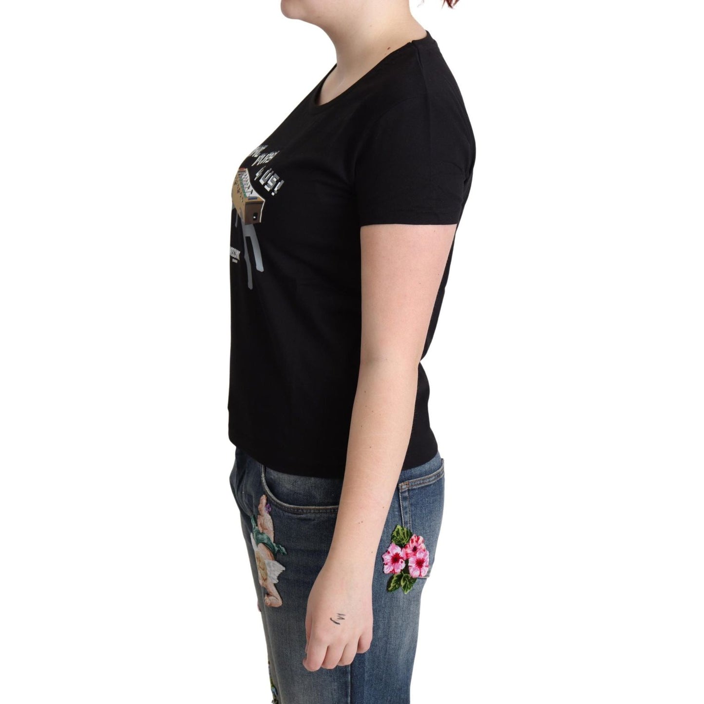 Moschino Chic Black Cotton Tee with Playful Print Moschino Tan