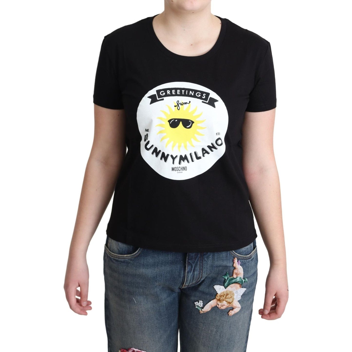 Chic Moschino Cotton Tee with Milano Print Moschino Light Gray