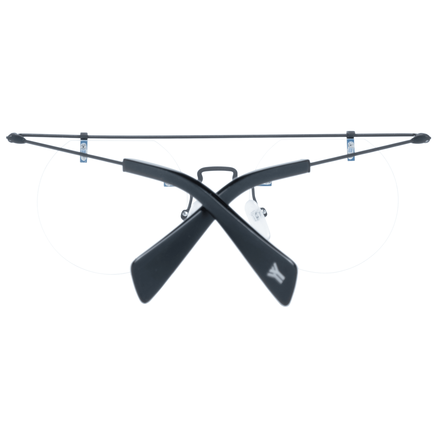 Yohji Yamamoto Black Metal Glasses (Frames) with round demo lenses, bottom-rim style, and blue-filter. Includes branded soft case. No spring hinge.