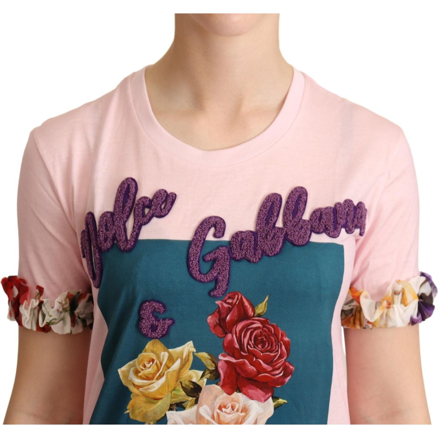 Dolce & Gabbana Elegant Floral Rose Applique T-Shirt Dolce & Gabbana Light Pink