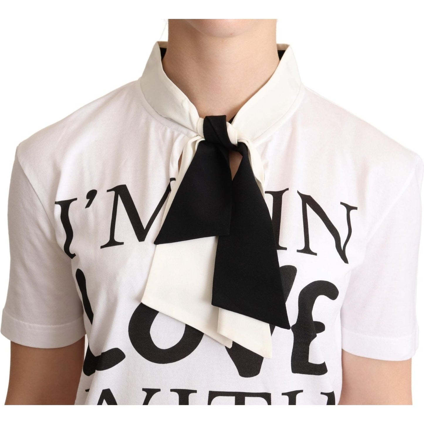 Dolce & Gabbana White Cotton Silk Blend Ascot Collar T-shirt TSH6739 -36