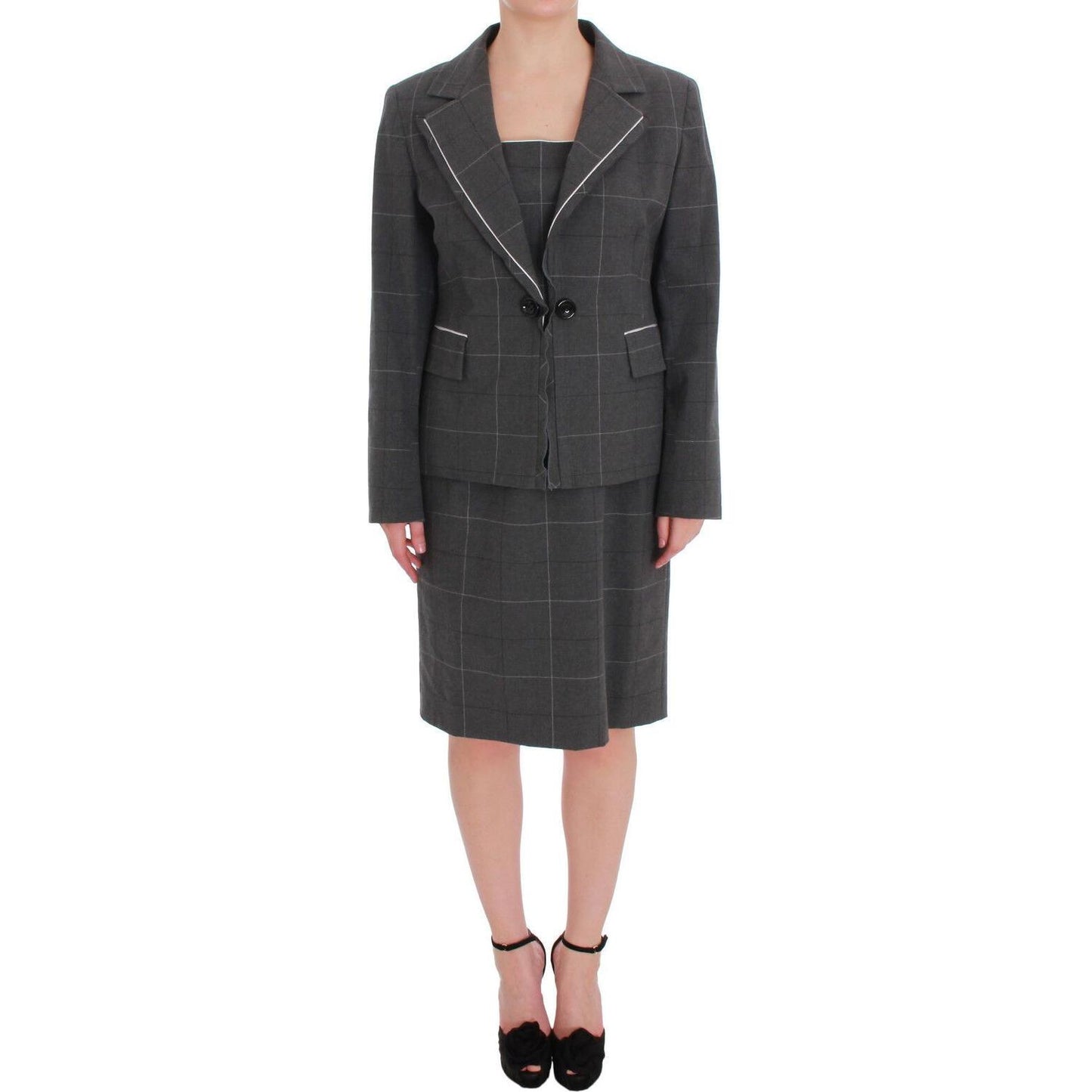 BENCIVENGA Elegant Checkered Cotton-Blend Suit Set Skirt Suit BENCIVENGA Dark Slate Gray