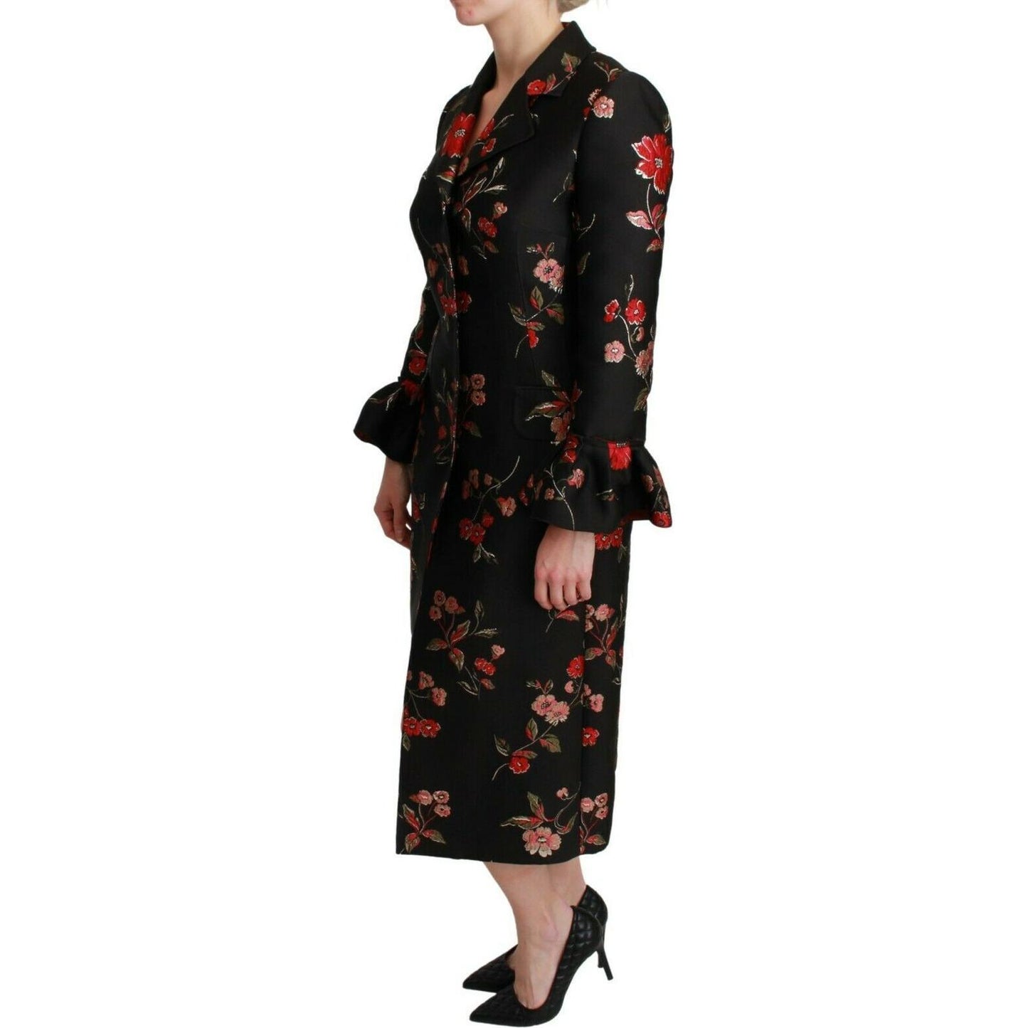 Dolce & Gabbana Elegant Floral Embroidered Trench Coat Dolce & Gabbana Black