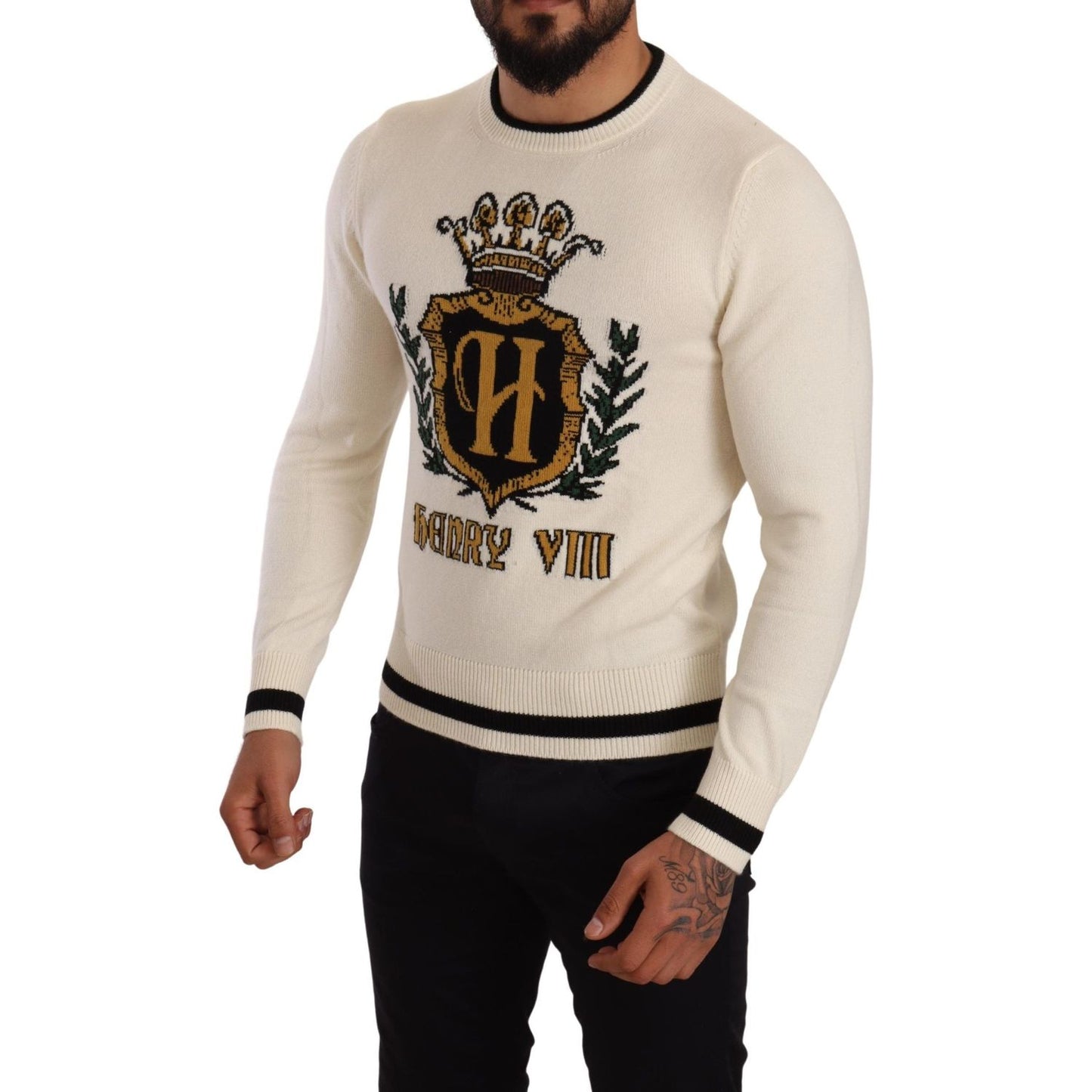 Dolce & Gabbana Elegant Snow-White Heraldic Cashmere Sweater Dolce & Gabbana Gray