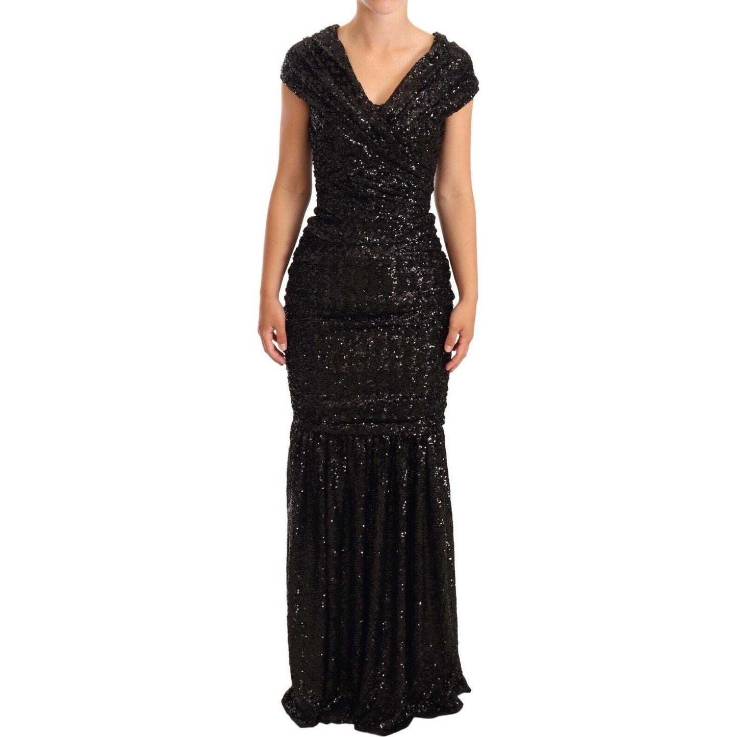 Dolce & Gabbana Elegant Black Sequined Open Shoulder Gown WOMAN DRESSES Dolce & Gabbana Tan