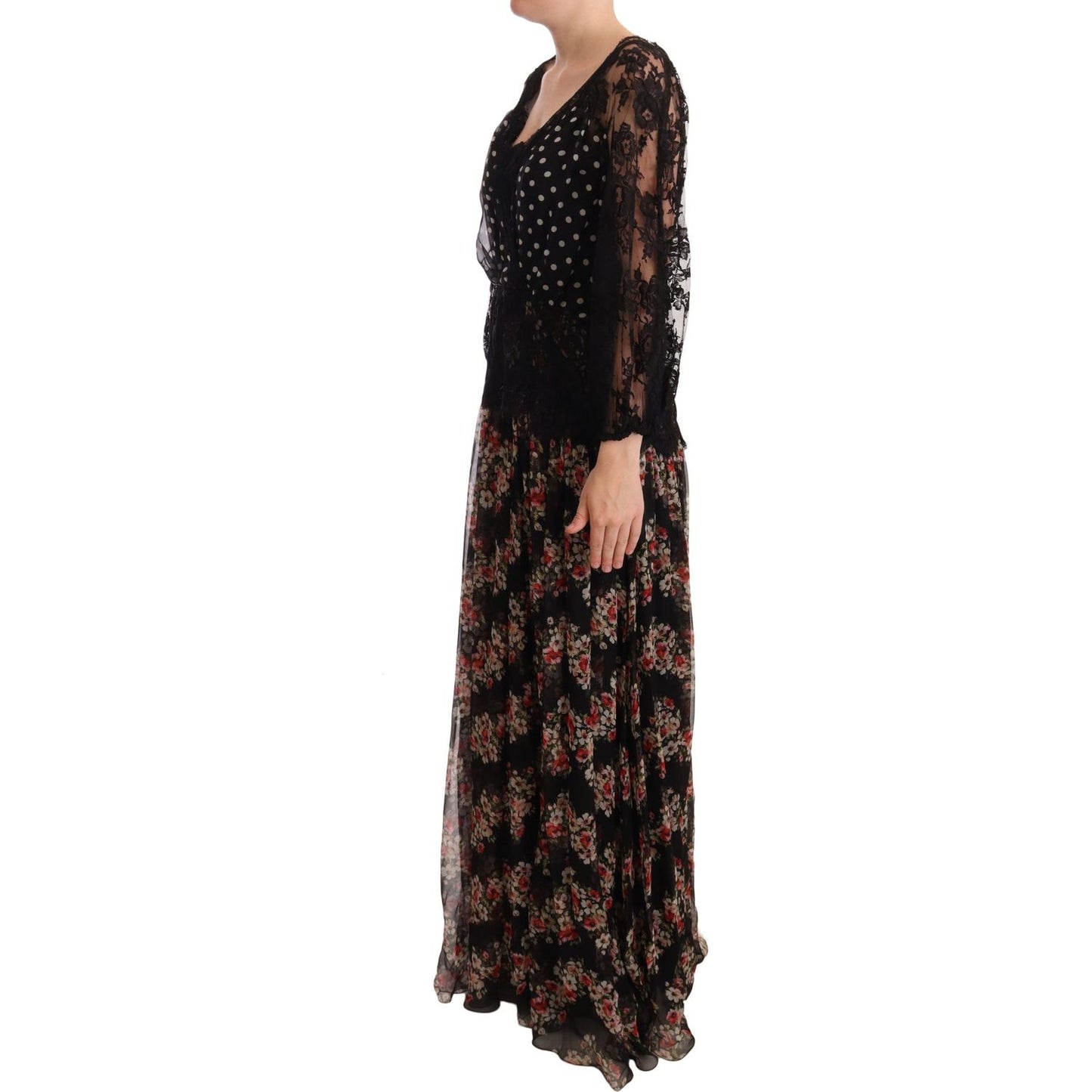 Dolce & Gabbana Elegant Lace Floral Maxi Dress with Polka Dots WOMAN DRESSES Dolce & Gabbana Black