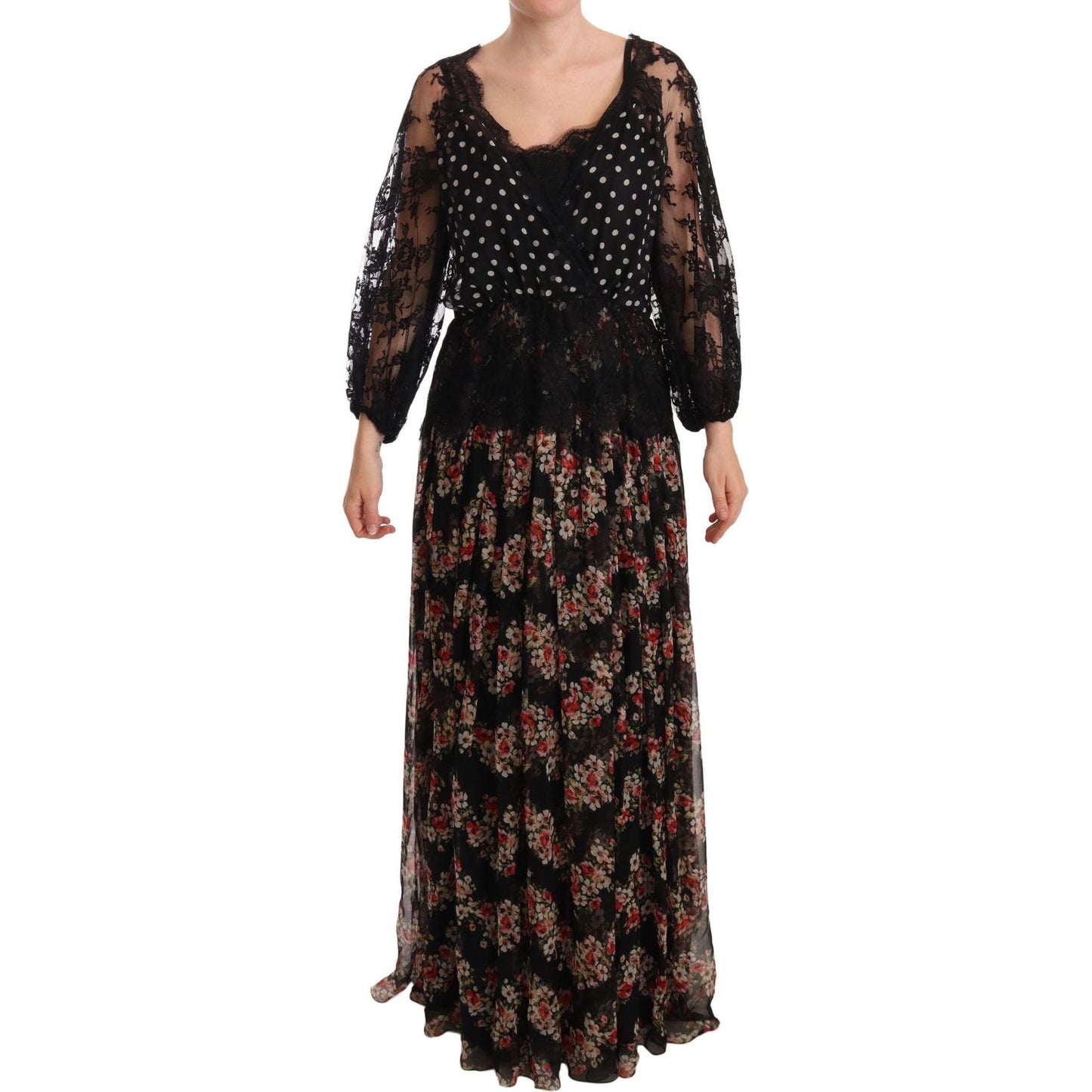Dolce & Gabbana Elegant Lace Floral Maxi Dress with Polka Dots WOMAN DRESSES Dolce & Gabbana Black