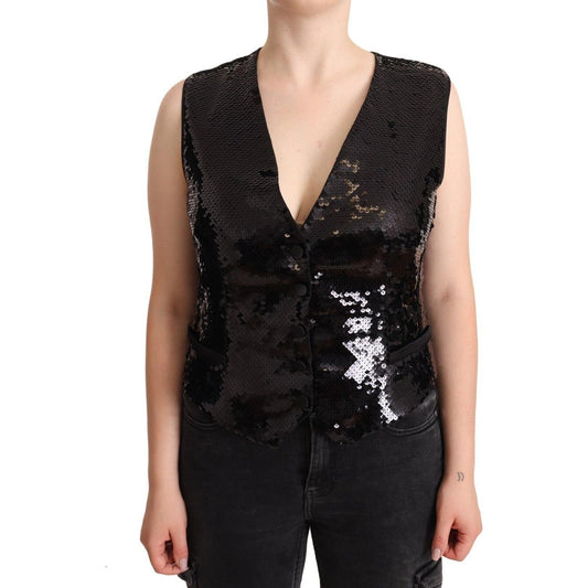 Dolce & Gabbana Black Sequin V-Neck Sleeveless Vest Tank Top WOMAN TOPS AND SHIRTS