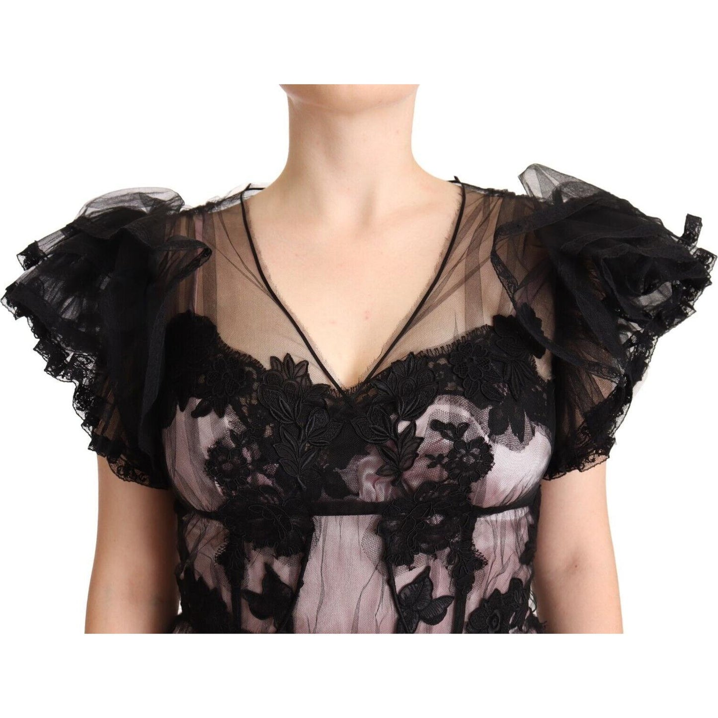 Dolce & Gabbana Chic Black Floral Lace Midi Dress Dolce & Gabbana Tan