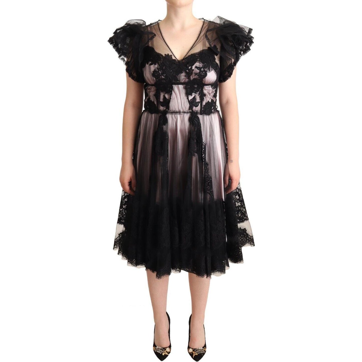 Dolce & Gabbana Chic Black Floral Lace Midi Dress Dolce & Gabbana Tan