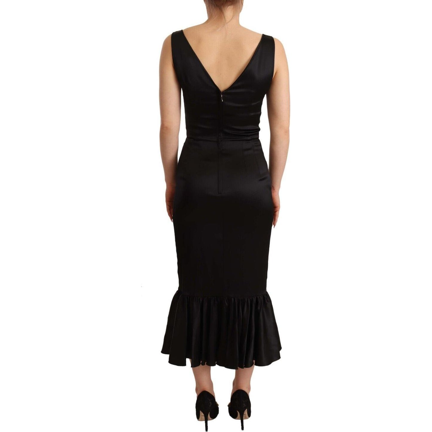 Dolce & Gabbana Elegant Black Silk Midi Sheath Dress Dolce & Gabbana Tan