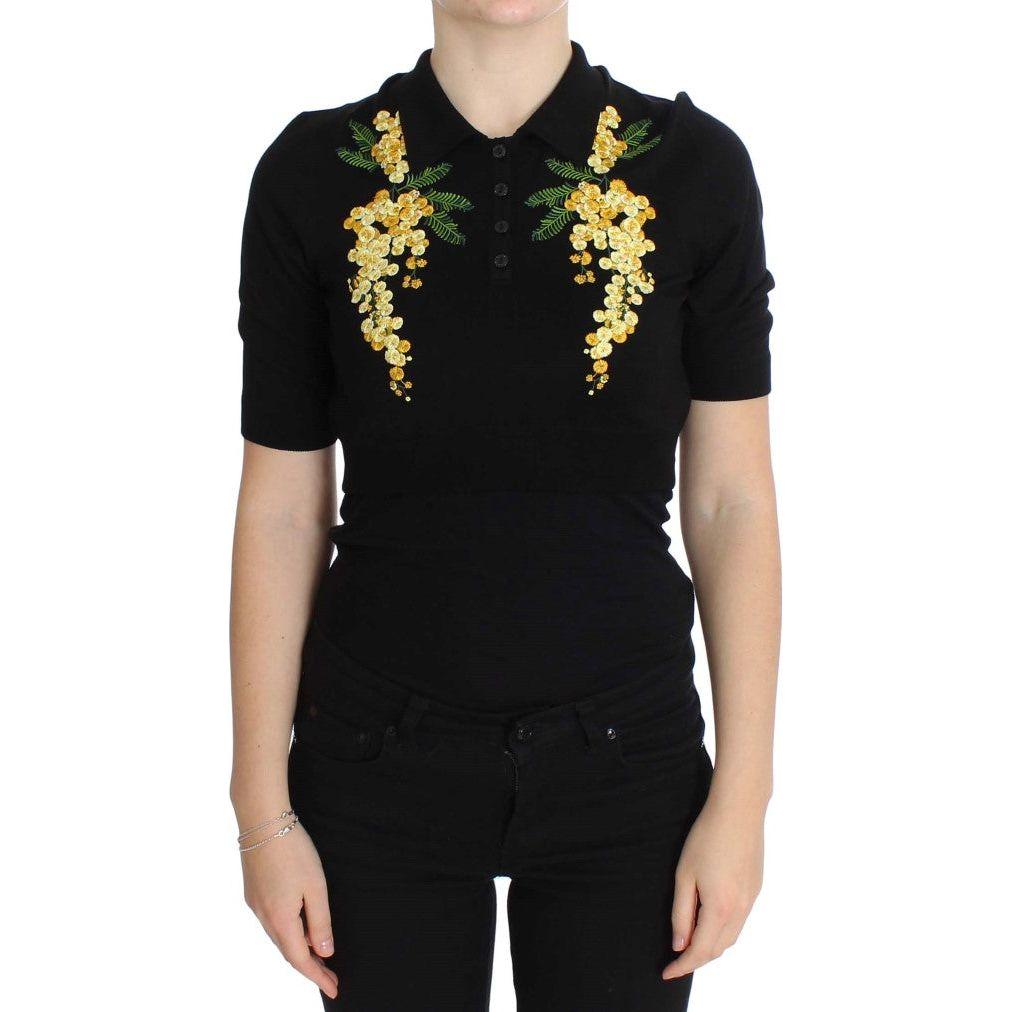 Dolce & Gabbana Elegant Black Silk Floral Polo Top Dolce & Gabbana Black