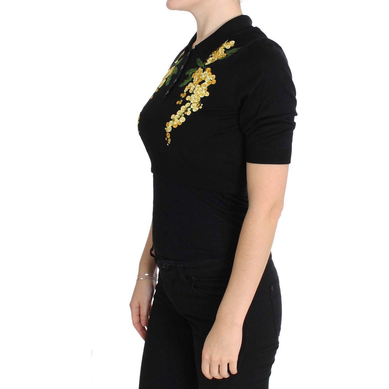 Dolce & Gabbana Elegant Black Silk Floral Polo Top Dolce & Gabbana Black