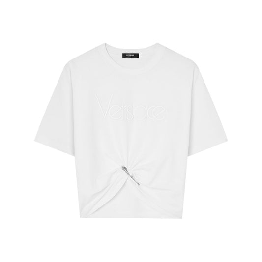 Versace logo-embroidered T-shirt in white Topwear
