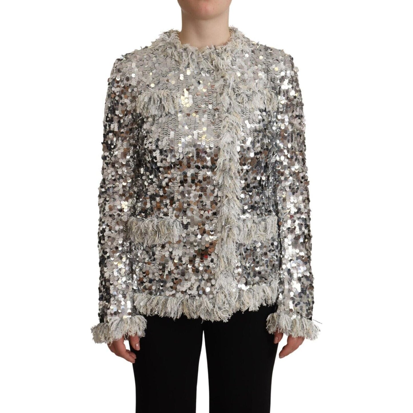 Dolce & Gabbana Chic Silver Sequined Jacket Coat Dolce & Gabbana Dark Gray