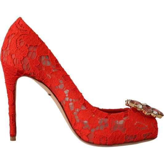 Dolce & Gabbana Red Taormina Lace Crystal Heels Pumps