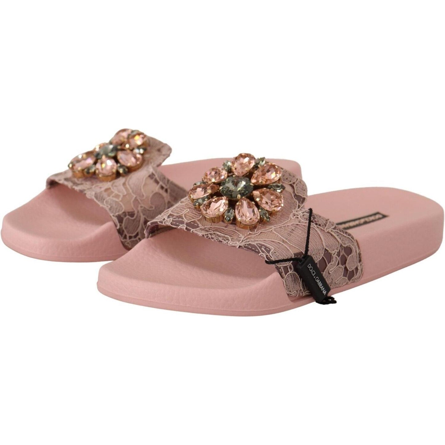 Dolce & Gabbana Floral Lace Crystal Embellished Slide Flats Dolce & Gabbana Rosy Brown