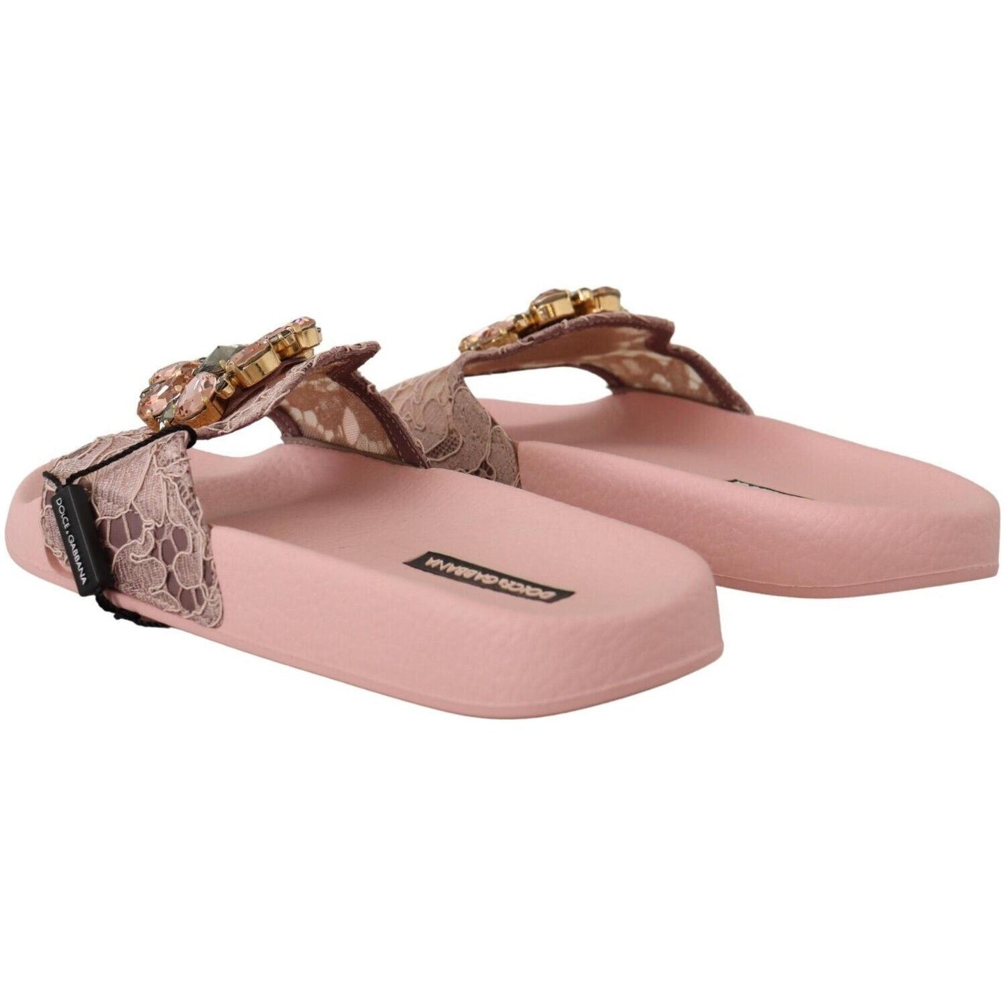 Dolce & Gabbana Floral Lace Crystal Embellished Slide Flats Dolce & Gabbana Rosy Brown