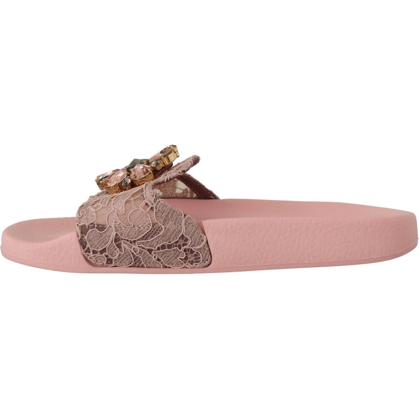 Dolce & Gabbana Floral Lace Crystal Embellished Slide Flats Dolce & Gabbana Rosy Brown