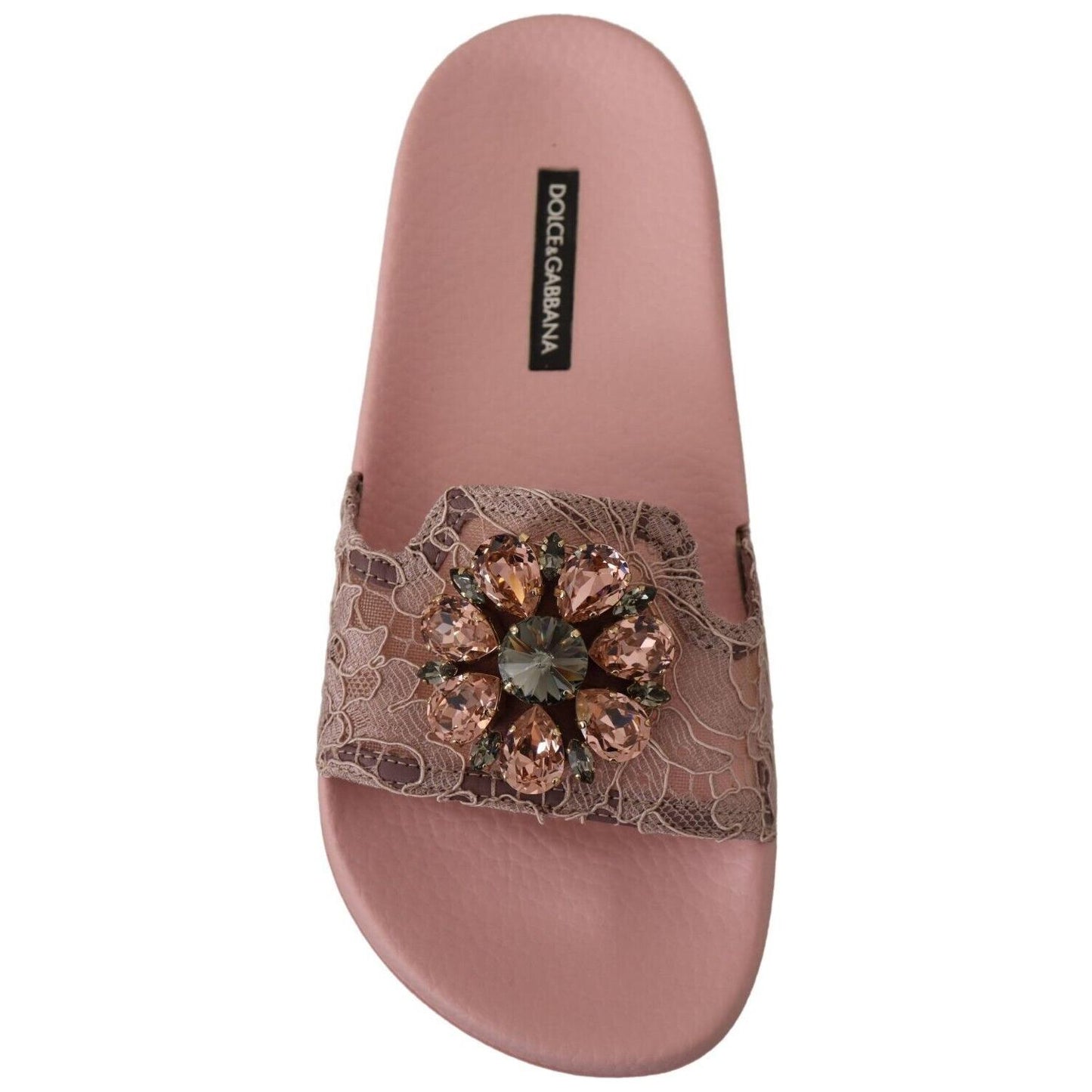 Dolce & Gabbana Floral Lace Crystal Embellished Slide Flats Dolce & Gabbana Rosy Brown