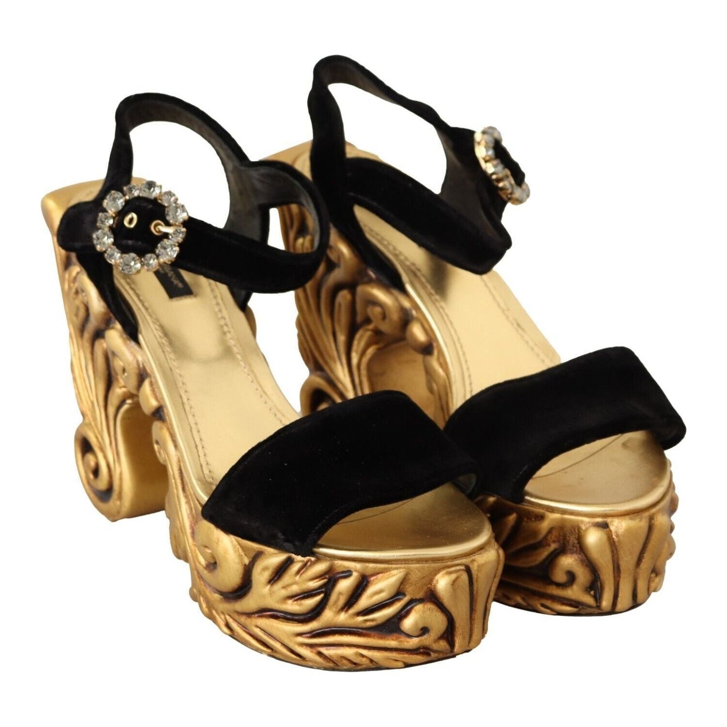 Dolce & Gabbana Baroque Velvet Heels in Black and Gold Dolce & Gabbana Tan