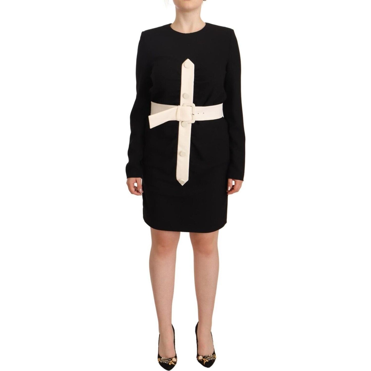 Givenchy Elegant Black Wool Mini Dress with Belt Givenchy Tan