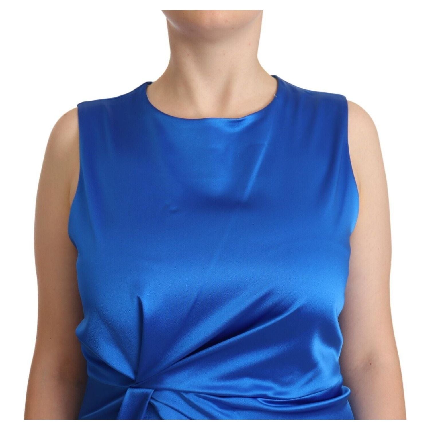 P.A.R.O.S.H. Blue Acetate Sleeveless Pleated Midi Sheath Dress