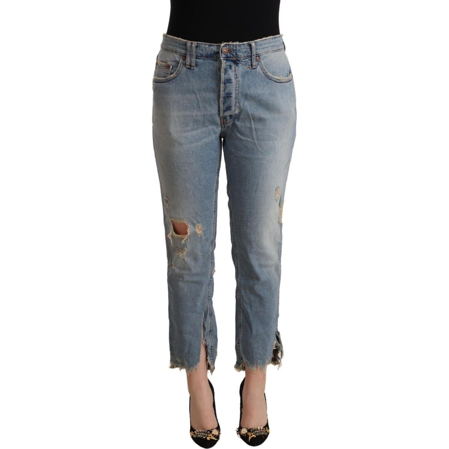 CYCLE Light Blue Distressed Mid Waist Cropped Denim Jeans