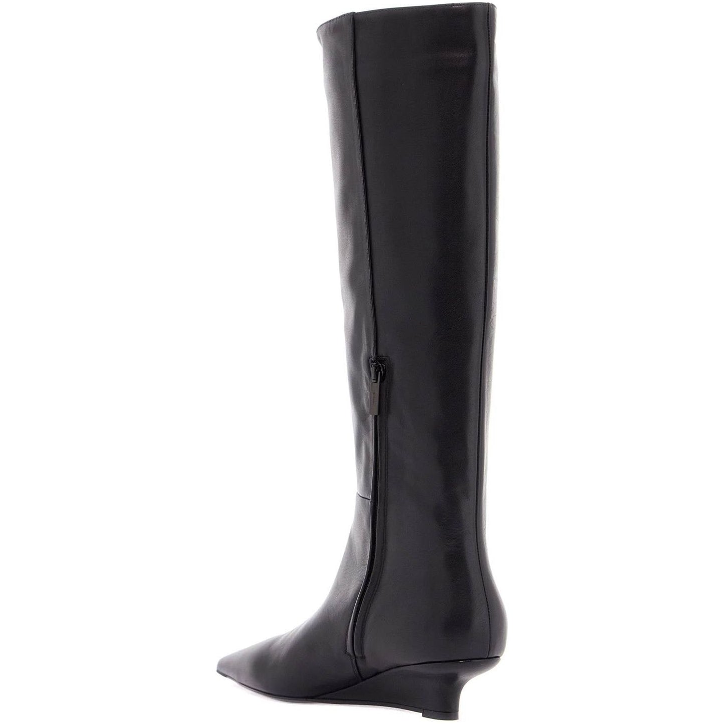 Toteme black leather knee-high boots with low heel and pointed toe
