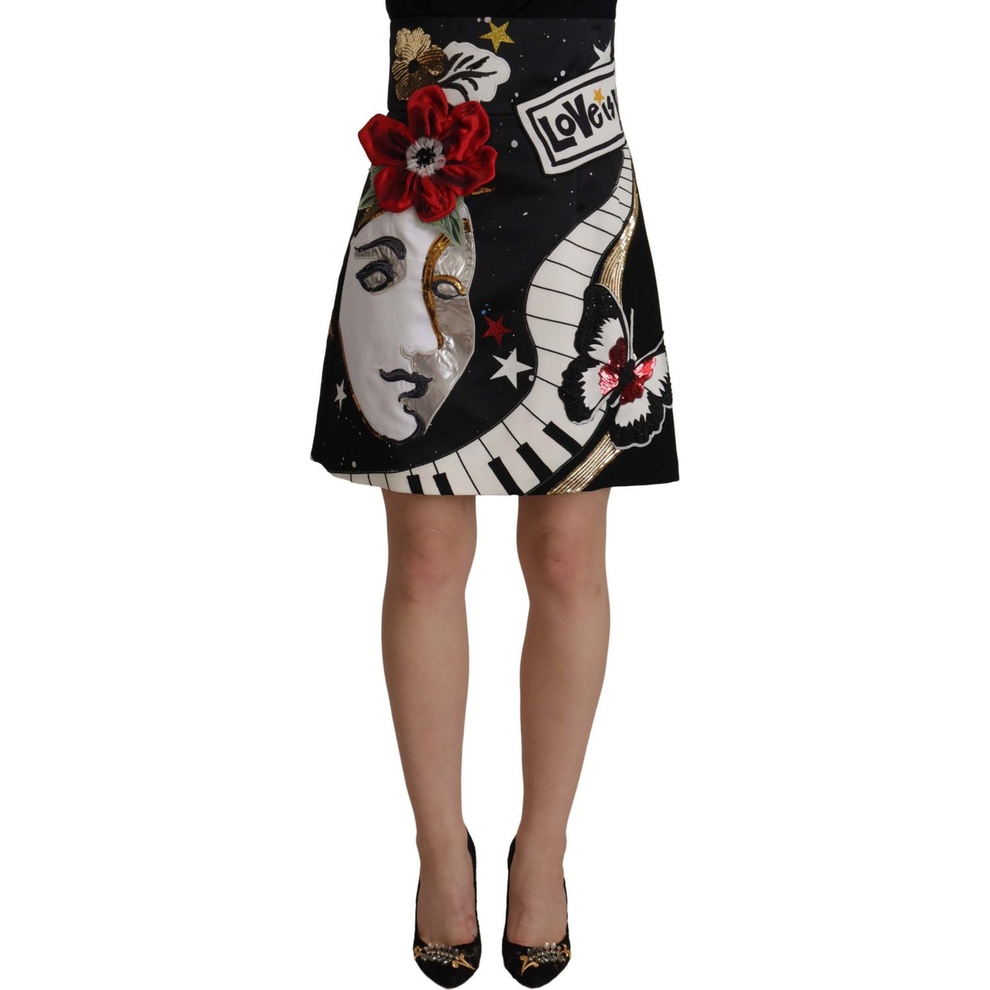 Dolce & Gabbana High-Waist A-Line Embellished Black Skirt Dolce & Gabbana Dim Gray
