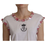 Dolce & Gabbana White DG Crown Floral Sequin T-shirt TSH7840- 38