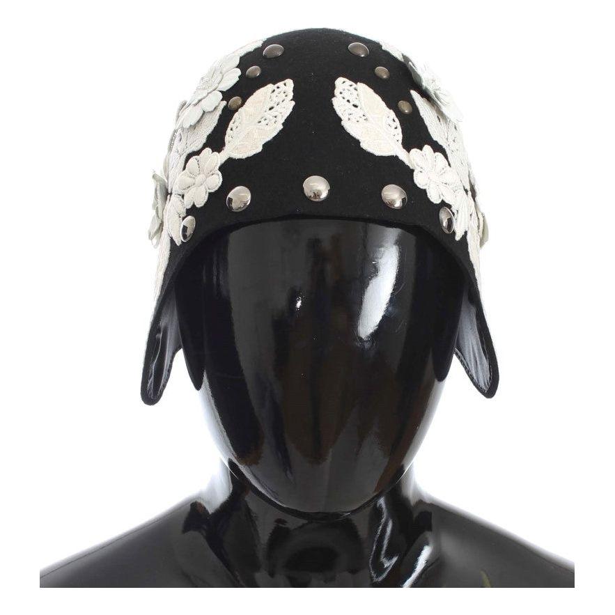 Dolce & Gabbana Elegant Black Floral Wool Cloche Hat Hat Dolce & Gabbana Dark Slate Gray