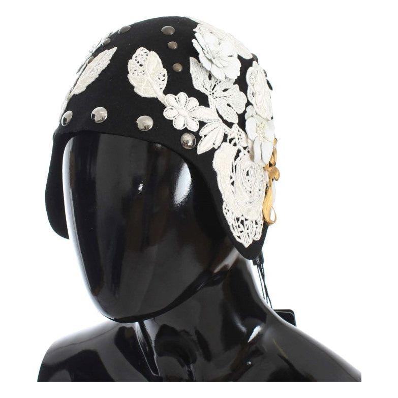 Dolce & Gabbana Elegant Black Floral Wool Cloche Hat Hat Dolce & Gabbana Antique White