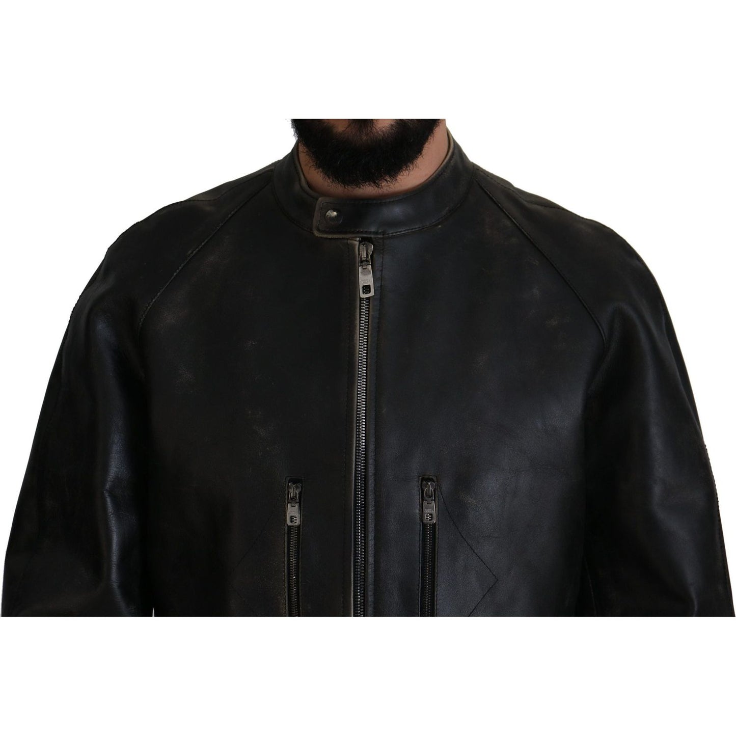 Dolce & Gabbana Elegant Black Leather Jacket with Silver Details Dolce & Gabbana Black