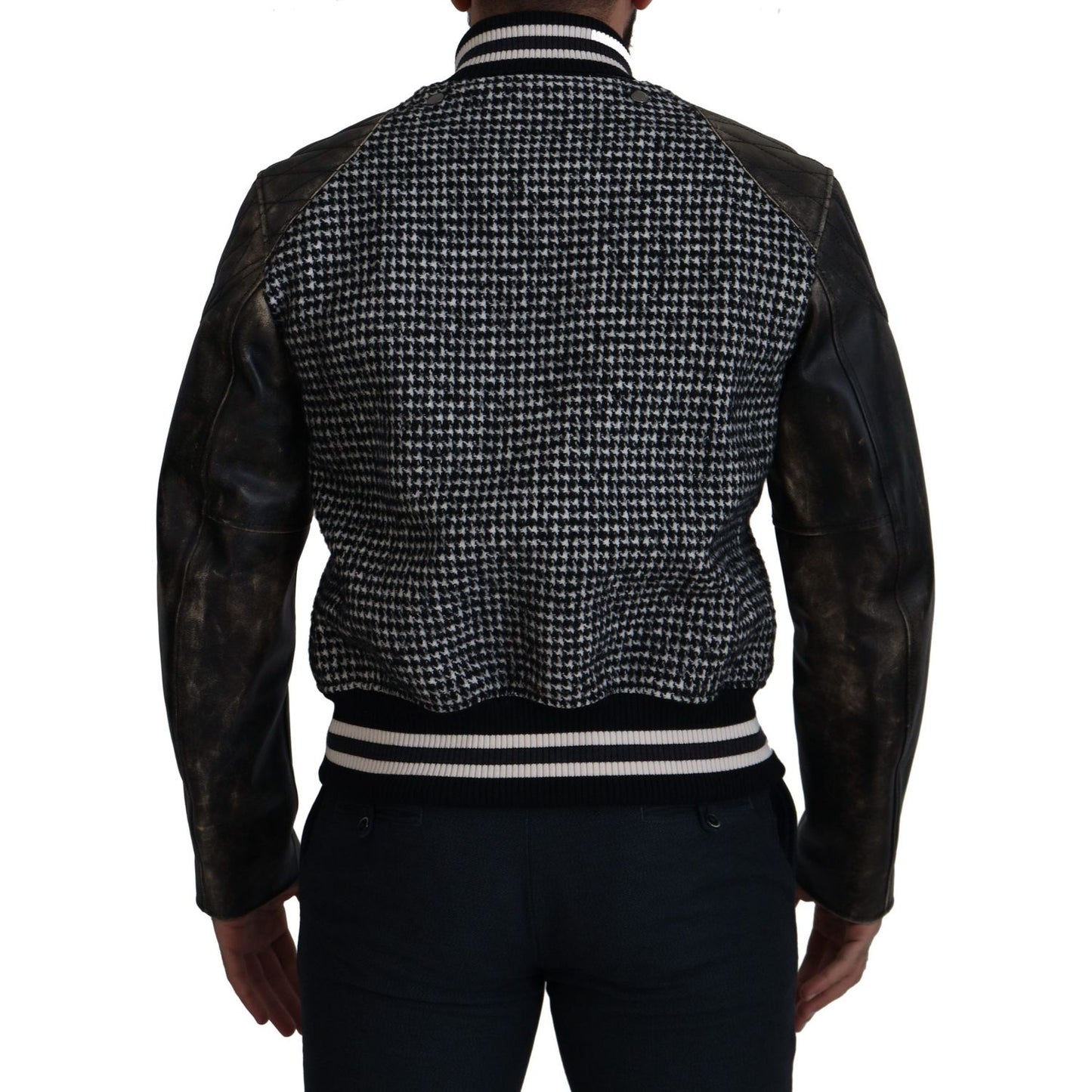 Dolce & Gabbana Multicolor Houndstooth Leather Bomber Jacket Dolce & Gabbana Black