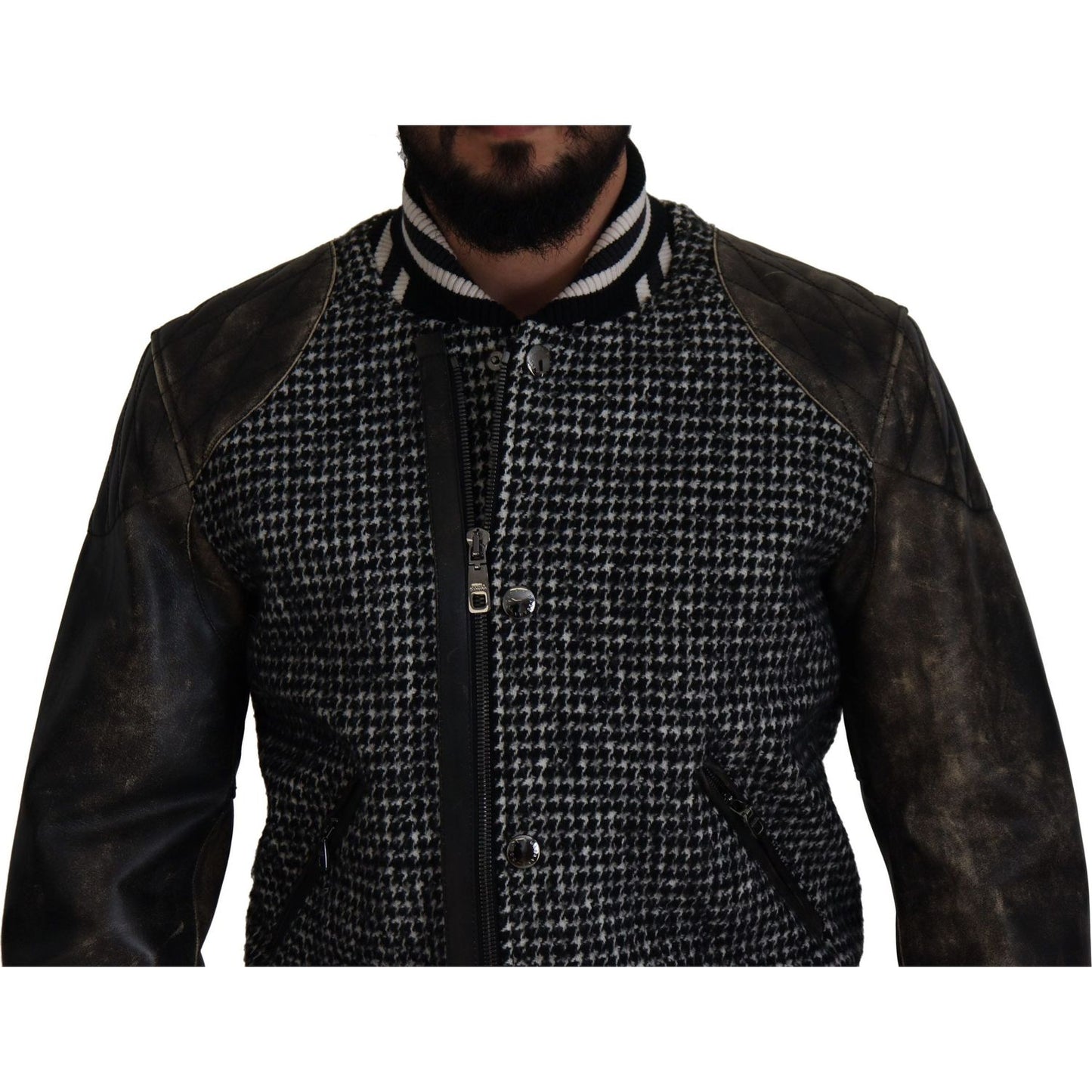 Dolce & Gabbana Multicolor Houndstooth Leather Bomber Jacket Dolce & Gabbana Black