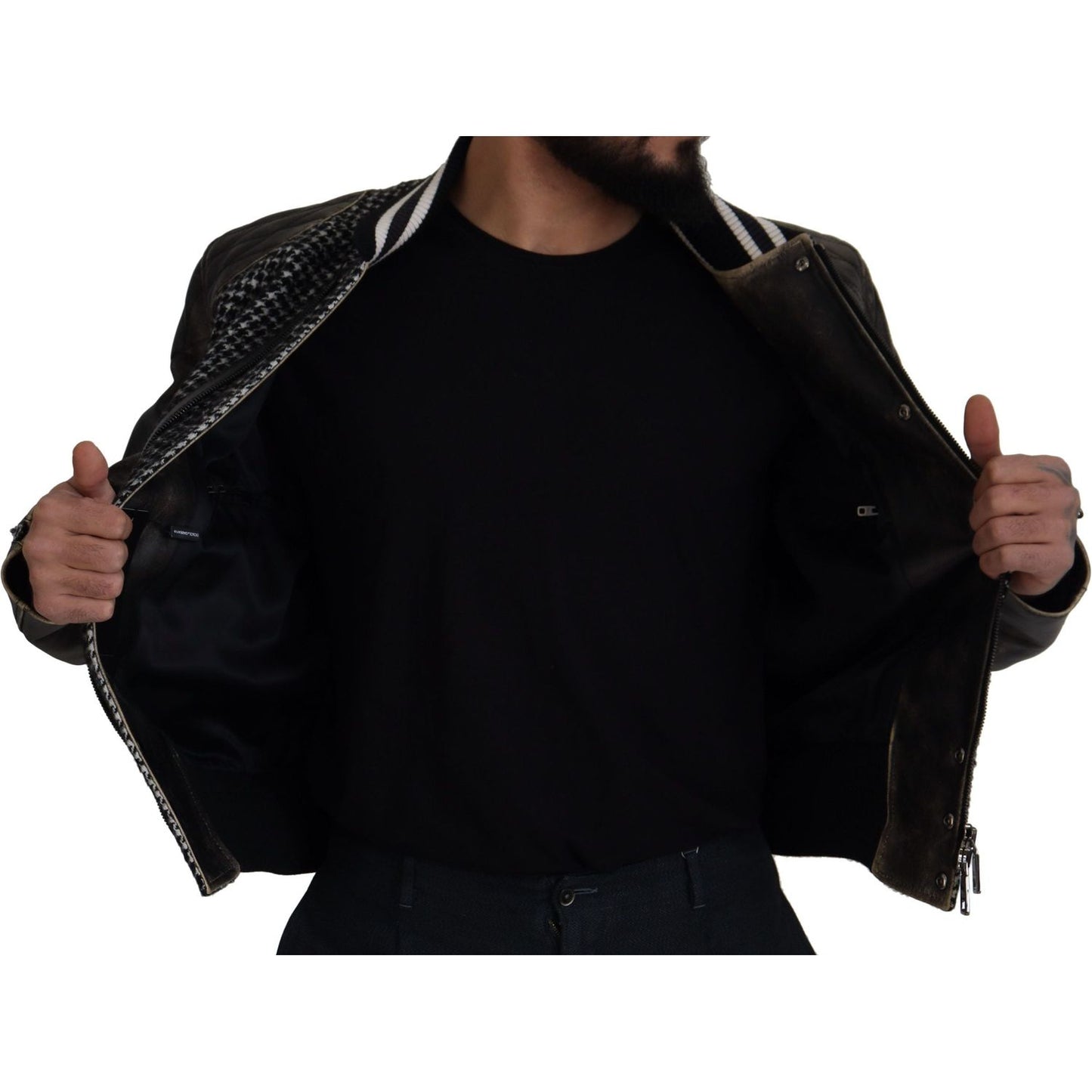 Dolce & Gabbana Multicolor Houndstooth Leather Bomber Jacket Dolce & Gabbana Black