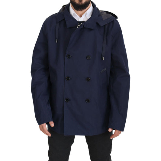 Dolce & Gabbana Blue Hooded Double Breasted Coat Jacket