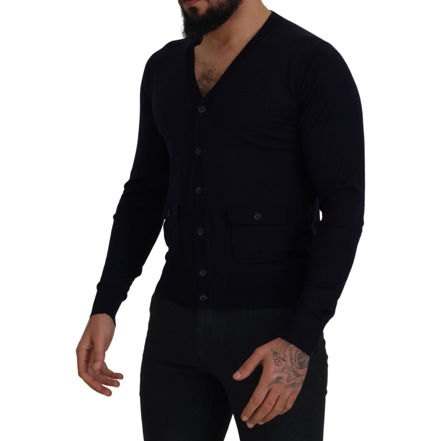 Dolce & Gabbana Elegant Virgin Wool Cardigan Sweater in Blue Dolce & Gabbana Black