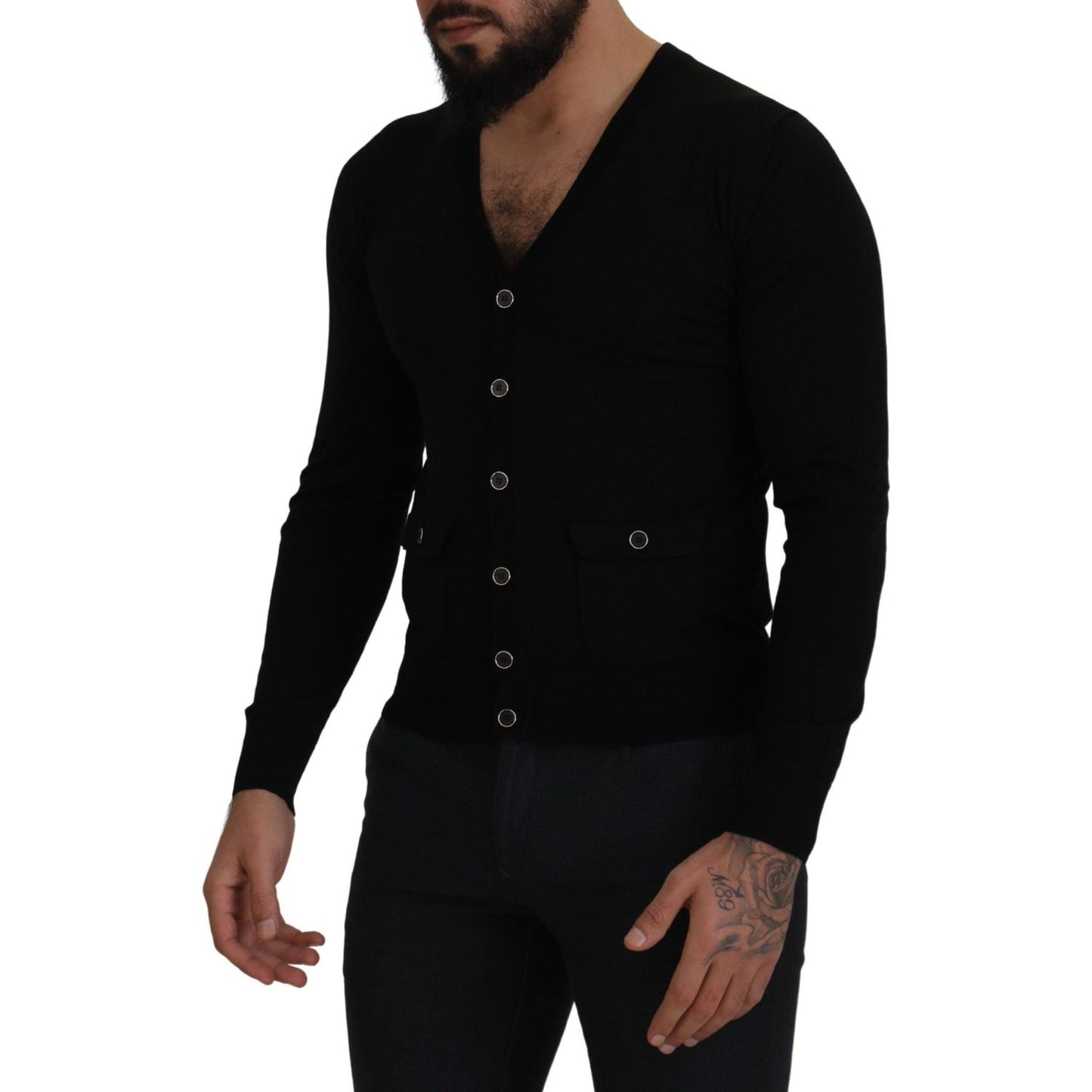 Dolce & Gabbana Elegant Wool Buttoned Black Cardigan Dolce & Gabbana Black