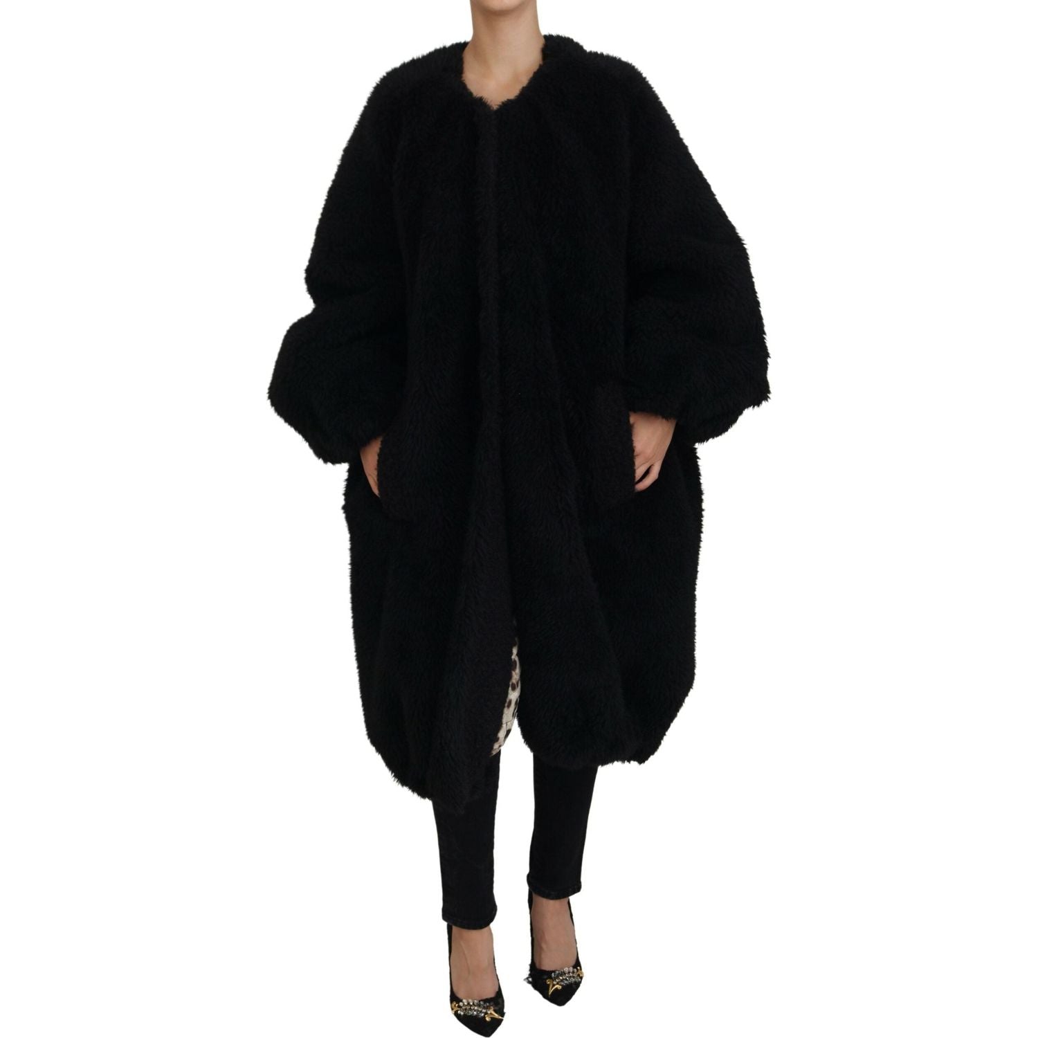 Dolce & Gabbana Black Cashmere Blend Faux Fur Coat Jacket
